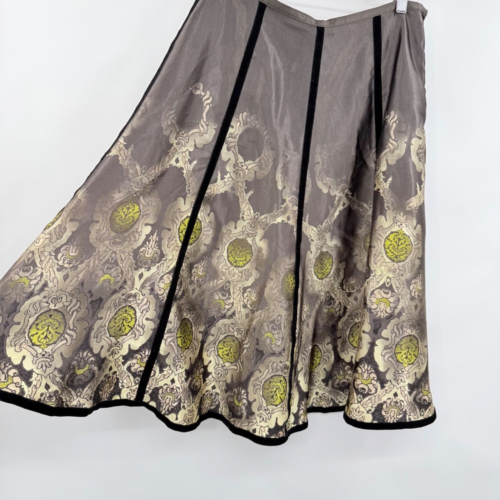 Apostrophe Satin Flare Skirt Womens 8 Bronze Gold Black Velour Velvet Trim